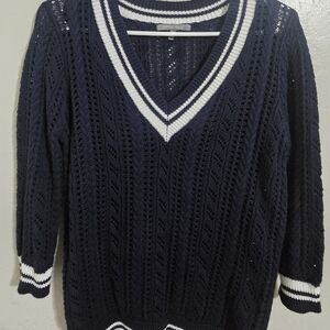 Elegant Navy V-Neck Sweater with White Accents